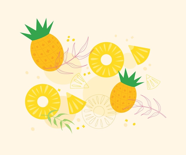Fondo amarillo brillante de verano con piña y hojas tropicales Hello Summer Banner Tarjetas de felicitación
