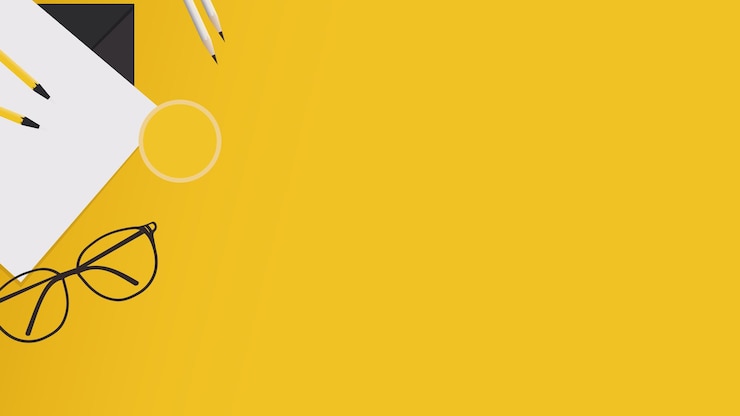 Vector fondo amarillo cuadernos planos lápices gafas y notas adhesivas todo bien organizado