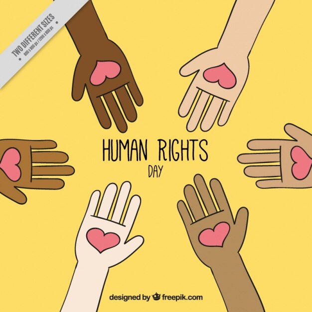 Vector fondo amarillo para el día de los derechos humanos con manos sujetando corazones