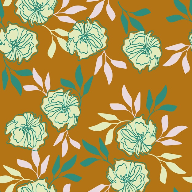 un fondo amarillo con flores verdes y blancas