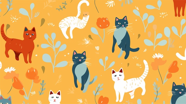 un fondo amarillo con gatos y calabazas