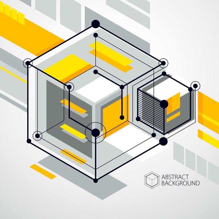 Vector fondo amarillo isométrico geométrico vectorial abstracto. esquema mecánico, dibujo de ingeniería vectorial con piezas de mecanismo geométrico y cubo.