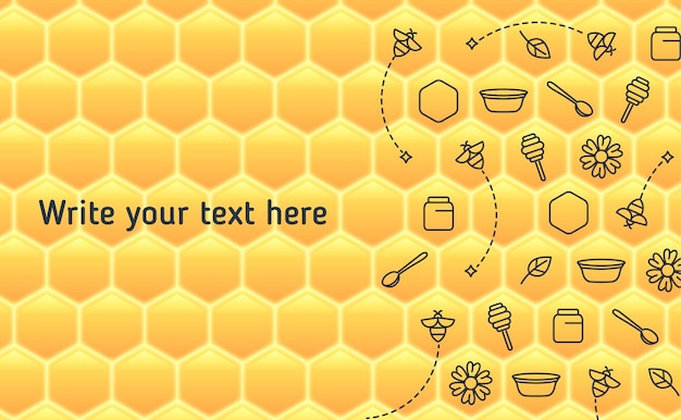 Vector fondo amarillo con panal de miel e iconos de contorno