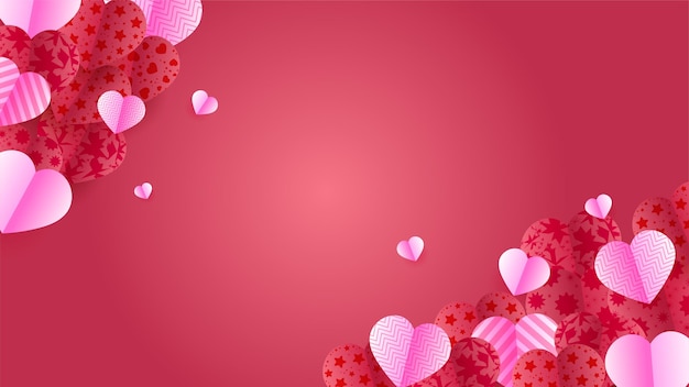 Fondo de amor del día de san valentín Ilustración de corazones de papel rojo y rosa con estilo de corte de papel