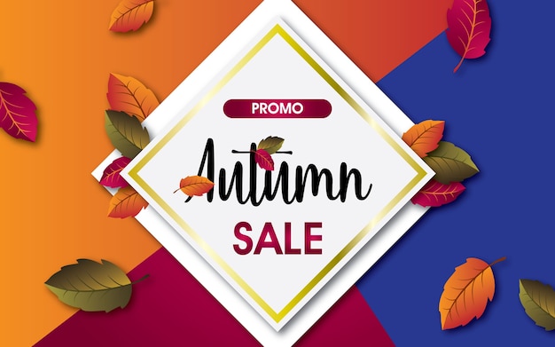 Fondo anaranjado, rojo y azul de la venta del otoño con las hojas para la venta o el promo de las compras.