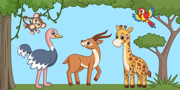 Fondo de animales exóticos africanos de dibujos animados lindo Ilustración de animales salvajes vector niños aventura libro escena con mono jirafa y loro Ilustración de animales africanos exóticos