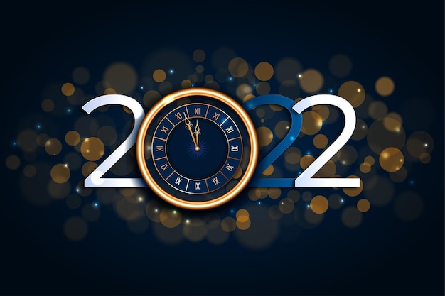 Fondo de año nuevo 2022 bokeh con reloj dorado