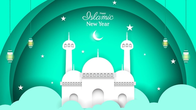 Fondo de año nuevo islámico con composición de decoración árabe en estilo papercut