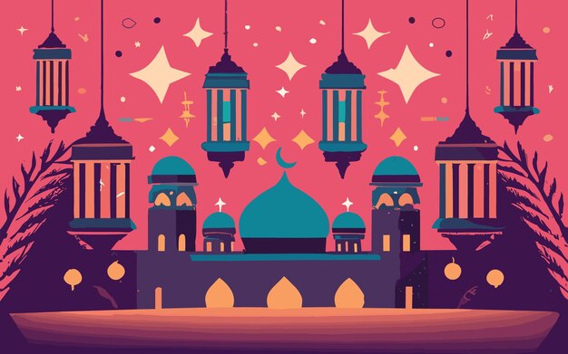 Vector fondo de año nuevo islámico dibujado a mano con palacio y linternas