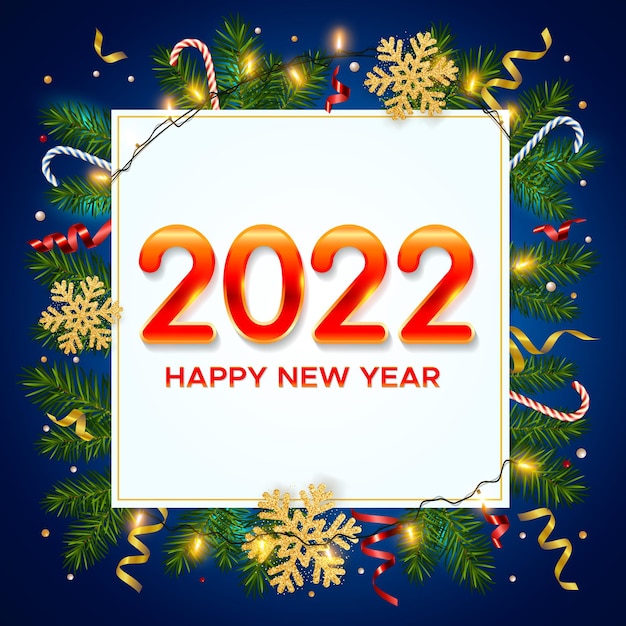 Fondo de año nuevo con números dorados 2022 ramas de pino brillantes guirnaldas copos de nieve oropel