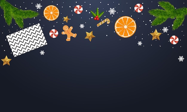 Fondo de año nuevo con ramas de abeto estrellas caramelo mandarina y galletas de jengibre
