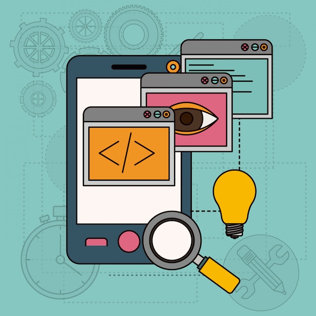 Fondo con aplicaciones de windows en desarrollo de ideas en smartphone.