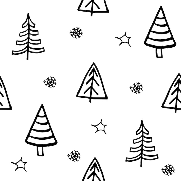 Fondo de árbol de Navidad dibujado a mano Doodle tinta de patrones sin fisuras para año nuevo