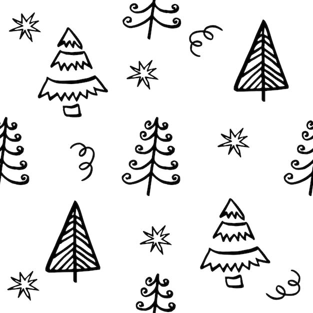 Fondo de árbol de Navidad dibujado a mano Doodle tinta de patrones sin fisuras para año nuevo