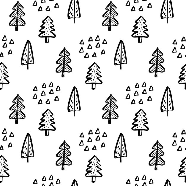 Fondo de árbol de Navidad dibujado a mano Doodle tinta de patrones sin fisuras para año nuevo