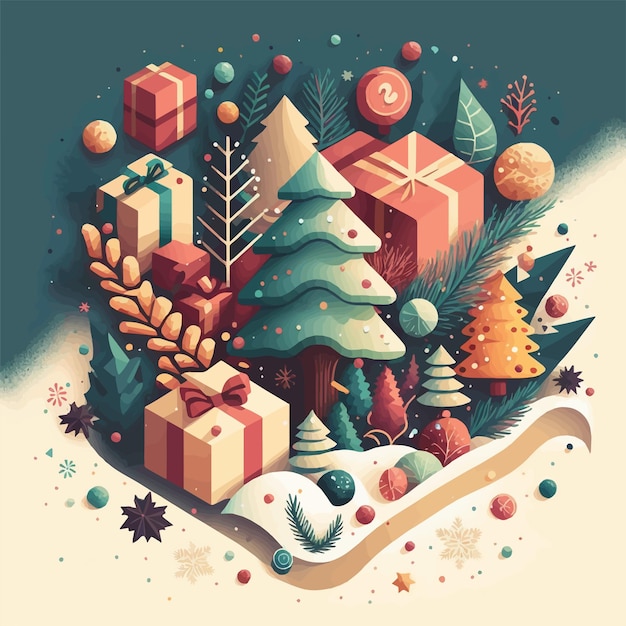 Fondo de árbol de navidad de invierno en ilustración de color de vector plano