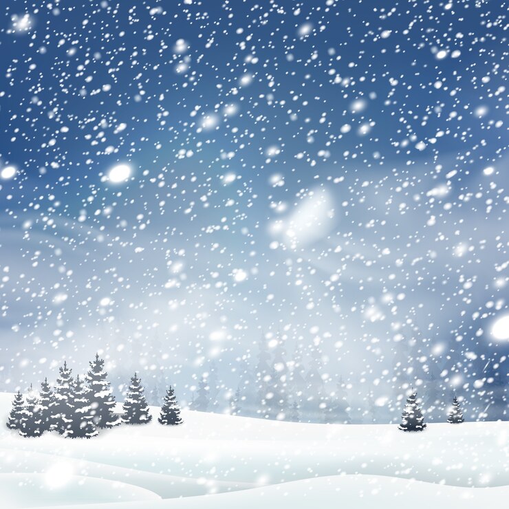 Vector fondo de árbol de navidad de invierno natural con cielo azul, fuertes nevadas, copos de nieve en diferentes formas y formas, ventisqueros. paisaje de invierno con la caída de navidad brillando hermosa nieve.