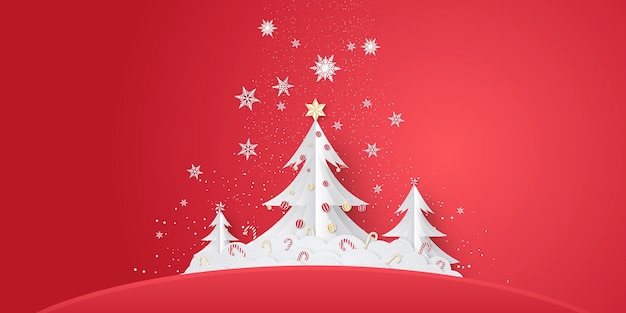 Vector fondo de árbol de navidad o año nuevo en estilo de corte de papel