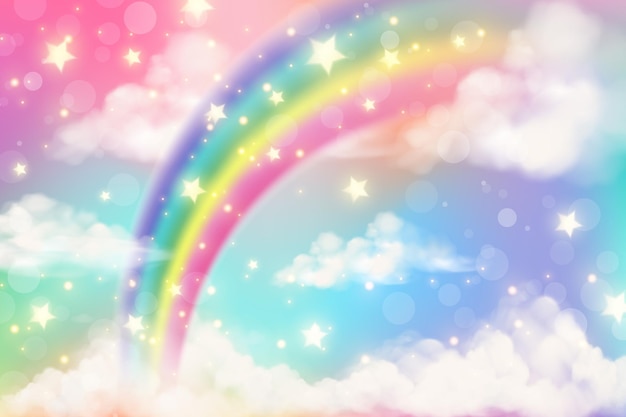 Fondo de arco iris abstracto con nubes y estrellas en el cielo fondo de  pantalla de unicornio de color pastel de fantasía | Vector Premium