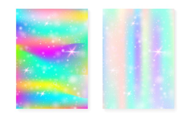 Fondo de arco iris con degradado de princesa kawaii. Holograma de unicornio mágico. Conjunto de hadas holográficas. Cubierta de fantasía brillante. Fondo de arco iris con destellos y estrellas para invitación de fiesta de niña linda.