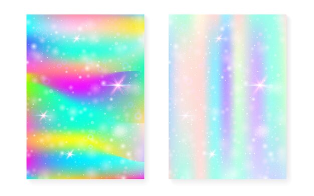 Fondo de arco iris con degradado de princesa kawaii. holograma de unicornio mágico. conjunto de hadas holográficas. cubierta de fantasía brillante. fondo de arco iris con destellos y estrellas para invitación de fiesta de niña linda.