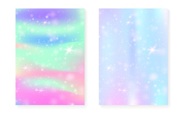 Fondo de arco iris con degradado de princesa kawaii. Holograma de unicornio mágico. Conjunto de hadas holográficas. Cubierta de fantasía de moda. Fondo de arco iris con destellos y estrellas para invitación de fiesta de chica linda.