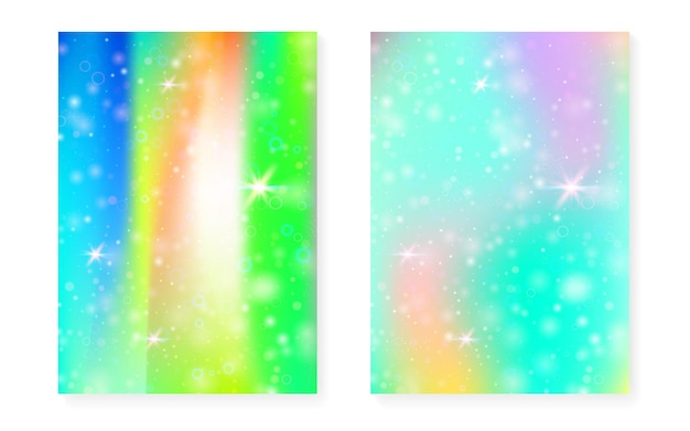 Fondo de arco iris con degradado de princesa kawaii. Holograma de unicornio mágico. Conjunto de hadas holográficas. Cubierta de fantasía vibrante. Fondo de arco iris con destellos y estrellas para invitación de fiesta de niña linda.