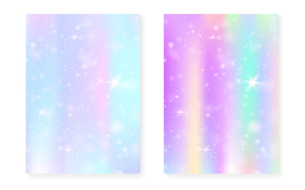 Fondo de arco iris con gradiente de princesa kawaii Holograma de unicornio mágico Conjunto de hadas holográficas Cubierta de fantasía elegante Fondo de arco iris con destellos y estrellas para invitación de fiesta de niña linda
