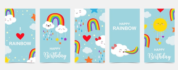 Fondo de arco iris con ilustración de lluvia de nubes para pegatina postal invitación de cumpleaños Elemento editable