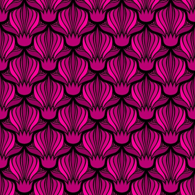 FONDO DE ART NOUVEAU DE VECTOR INCONSÚTIL NEGRO CON FLORES DE COLOR ROSA