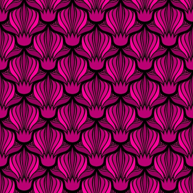 FONDO DE ART NOUVEAU DE VECTOR INCONSÚTIL NEGRO CON FLORES DE COLOR ROSA