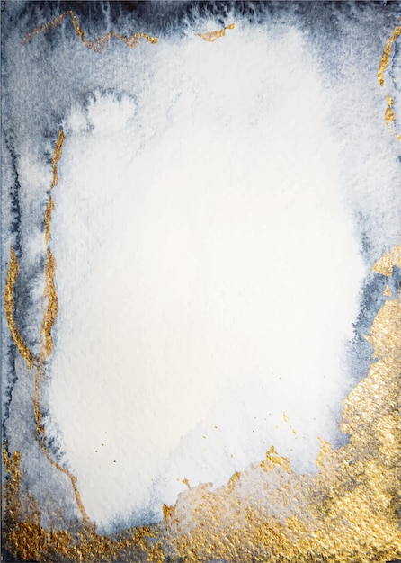 Fondo de arte azul acuarela con elementos dorados. Dibujo a mano abstracto para la decoración de invitaciones, volantes, estampados.