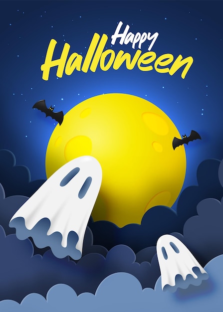 Vector fondo de arte de banner de feliz halloween con ilustración de vector de fantasma