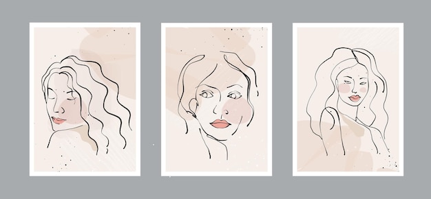 Fondo de arte y caras de mujer minimalista de línea abstracta moderna con diferentes formas para pared