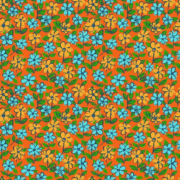 Fondo de arte dibujado a mano de patrón azul y naranja sin costuras de flor de pincel seco