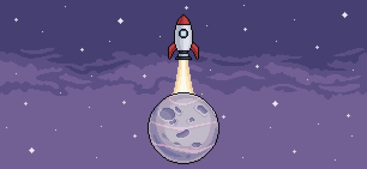 Vector fondo de arte de píxeles con cohete despegando del planeta en el espacio. escena vectorial para juego de 8 bits