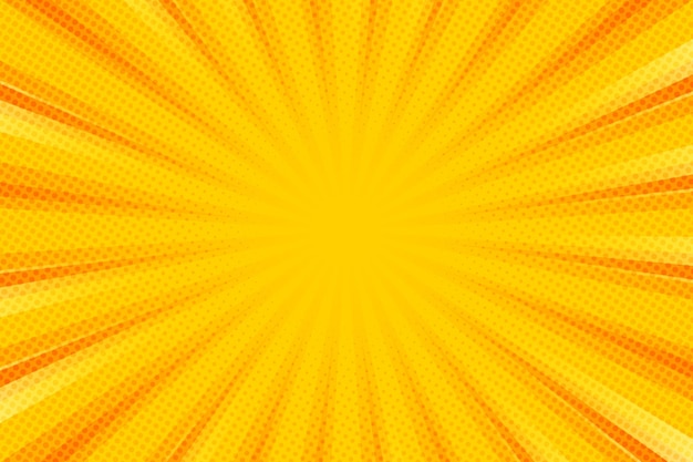 Fondo de arte pop para afiche o libro en color amarillo. Telón de fondo de rayos radiales con efecto de medio tono en el diseño de estilo cómic.