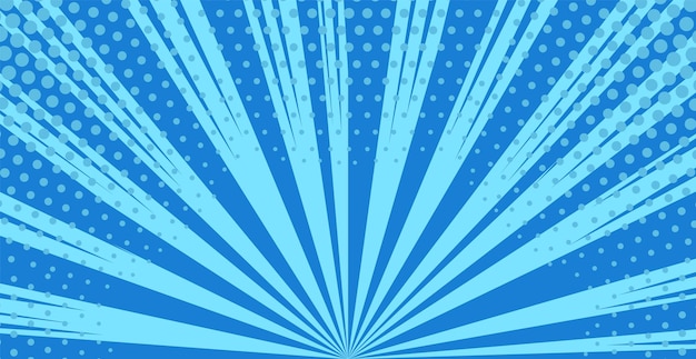 Fondo de arte pop patrón de semitono cómico textura de estallido estelar azul bandera de sol retro con vigas