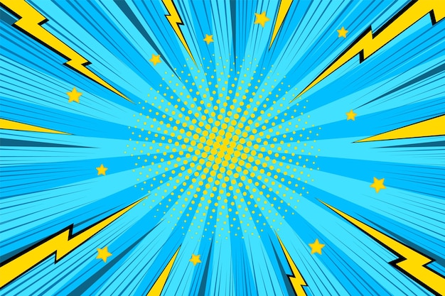 Vector fondo de arte pop con relámpagos y puntos patrón de estallido de estrellas cómico telón de fondo de estellido de sol de superhéroe