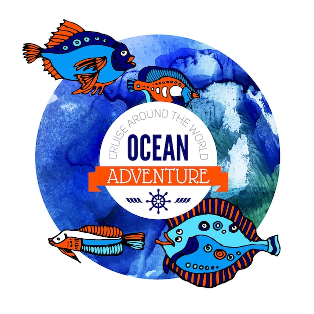Fondo de aventura oceánica. diseño náutico del mar. ilustración de vector de acuarela dibujada a mano