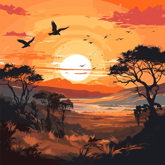 Vector fondo con aves en la ilustración vectorial de la puesta de sol