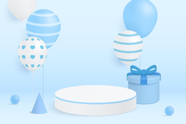 Fondo azul 3D con caja de regalo de globos y un podio de producto