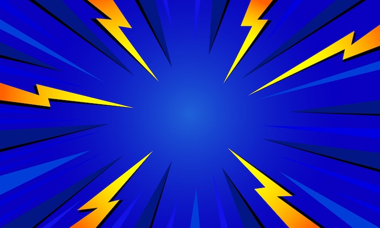 Vector fondo azul abstracto cómico con rayos radiales y relámpagos