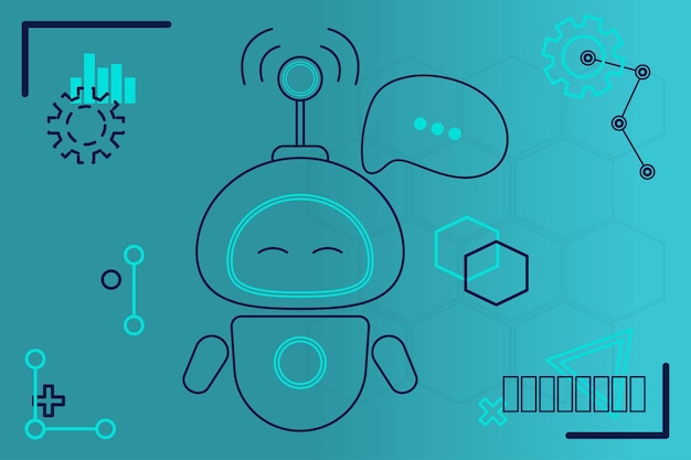 Fondo azul abstracto con formas geométricas y un robot de un chatbot