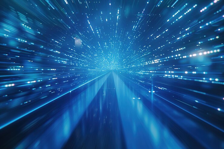 Fondo azul abstracto con rayos de luz brillantes y líneas de datos en movimiento