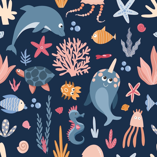 un fondo azul con animales marinos y corales