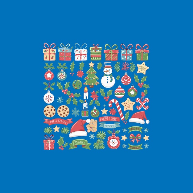 un fondo azul con un árbol de Navidad y un sombrero de Santa