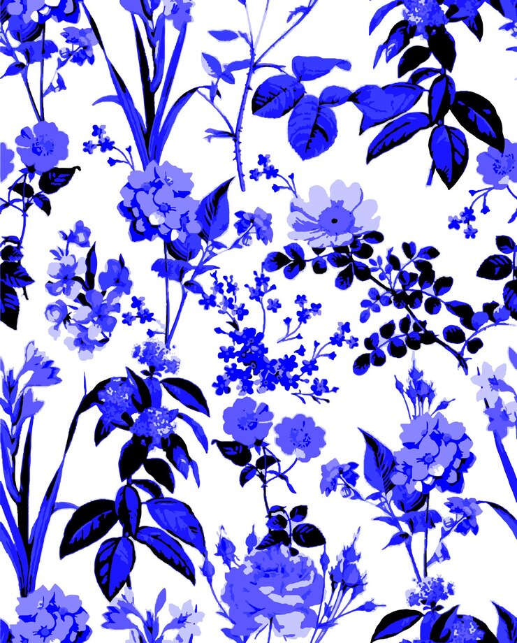 un fondo azul y blanco con flores y la palabra azul