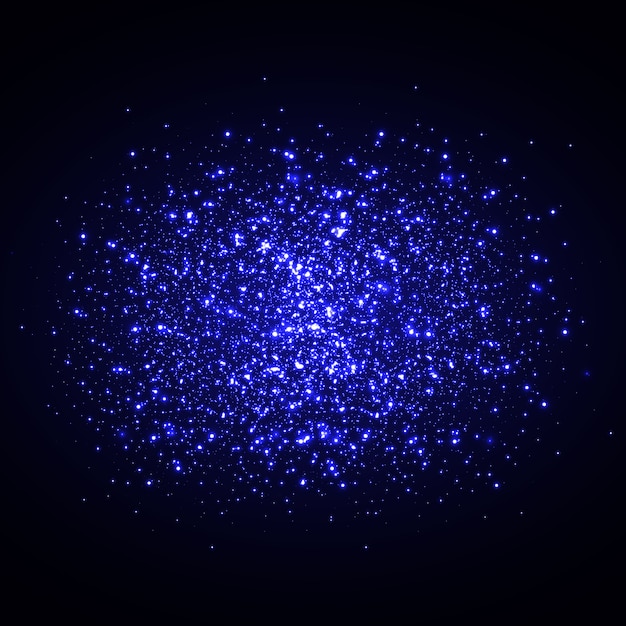Fondo azul brillante. Partículas brillantes. Polvo de estrellas. Destello, destellos. Efecto de luz.