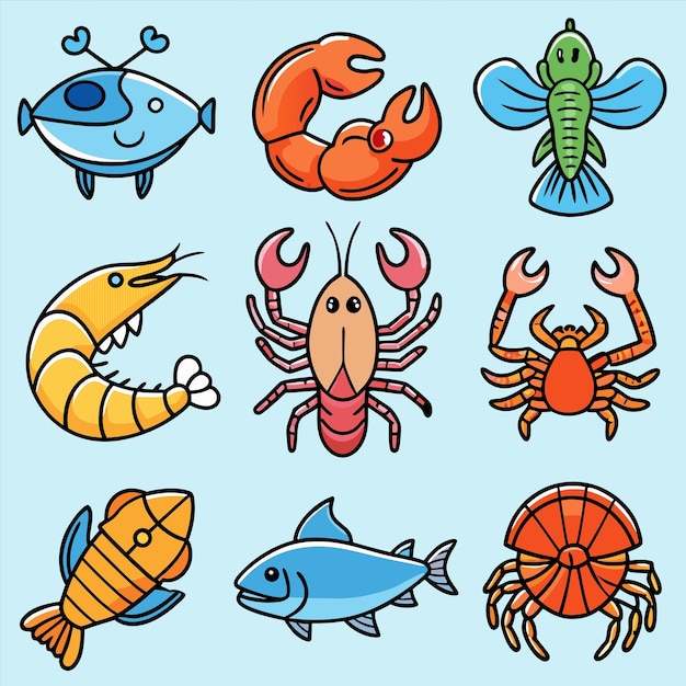 un fondo azul con un cangrejo de dibujos animados y peces